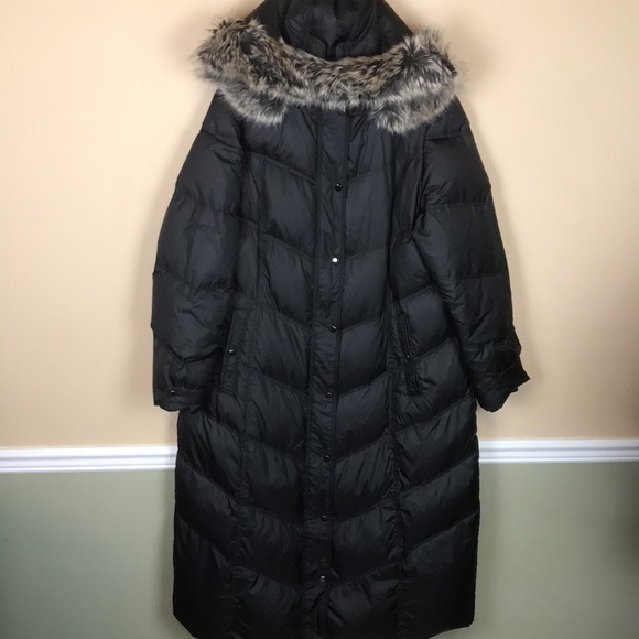 London Fog Women's Down Filled Black Faux Fur Hood Long Line